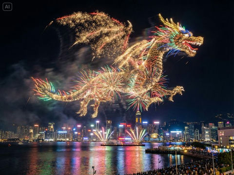 烟花在水滨城市上空勾勒出主题的形状