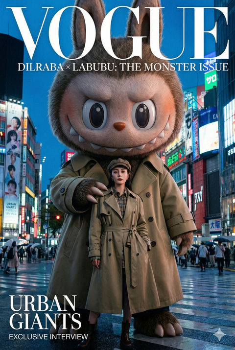 Labubu和迪丽热巴高端时尚跨页大片