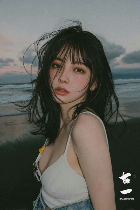 女子海边电影风格肖像照