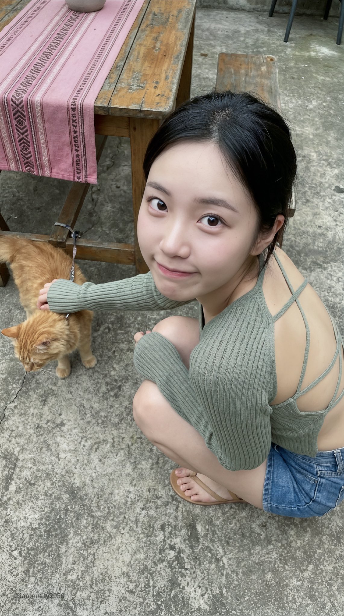 年轻的亚洲女生蹲坐在水泥地的庭院中 2