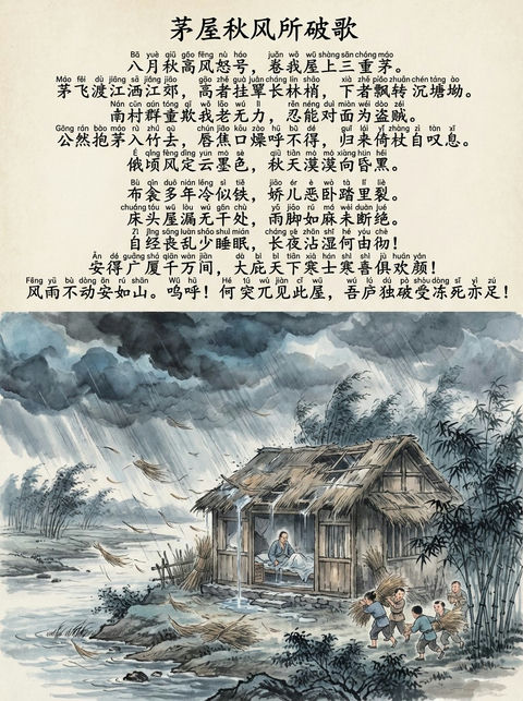 茅屋秋风所破歌中文和拼音图 3