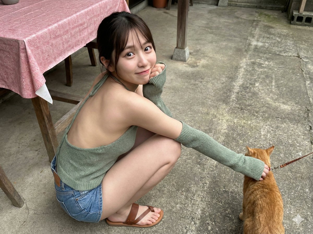 年轻的亚洲女生蹲坐在水泥地的庭院中 2