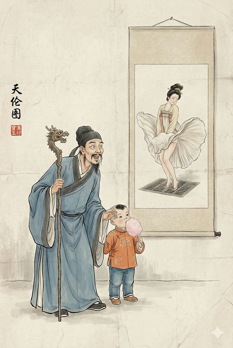 天伦图趣味水墨画 3